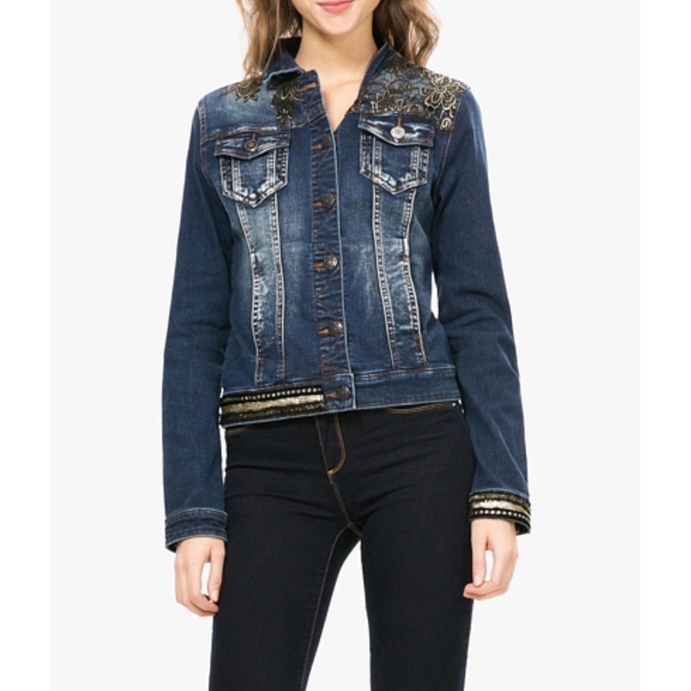 Desigual Blue Denim Jean Embroidered Jean Jacket